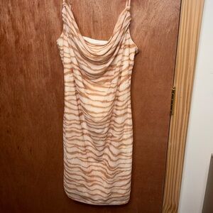 Beige and White Striped Cowl Neck Dress